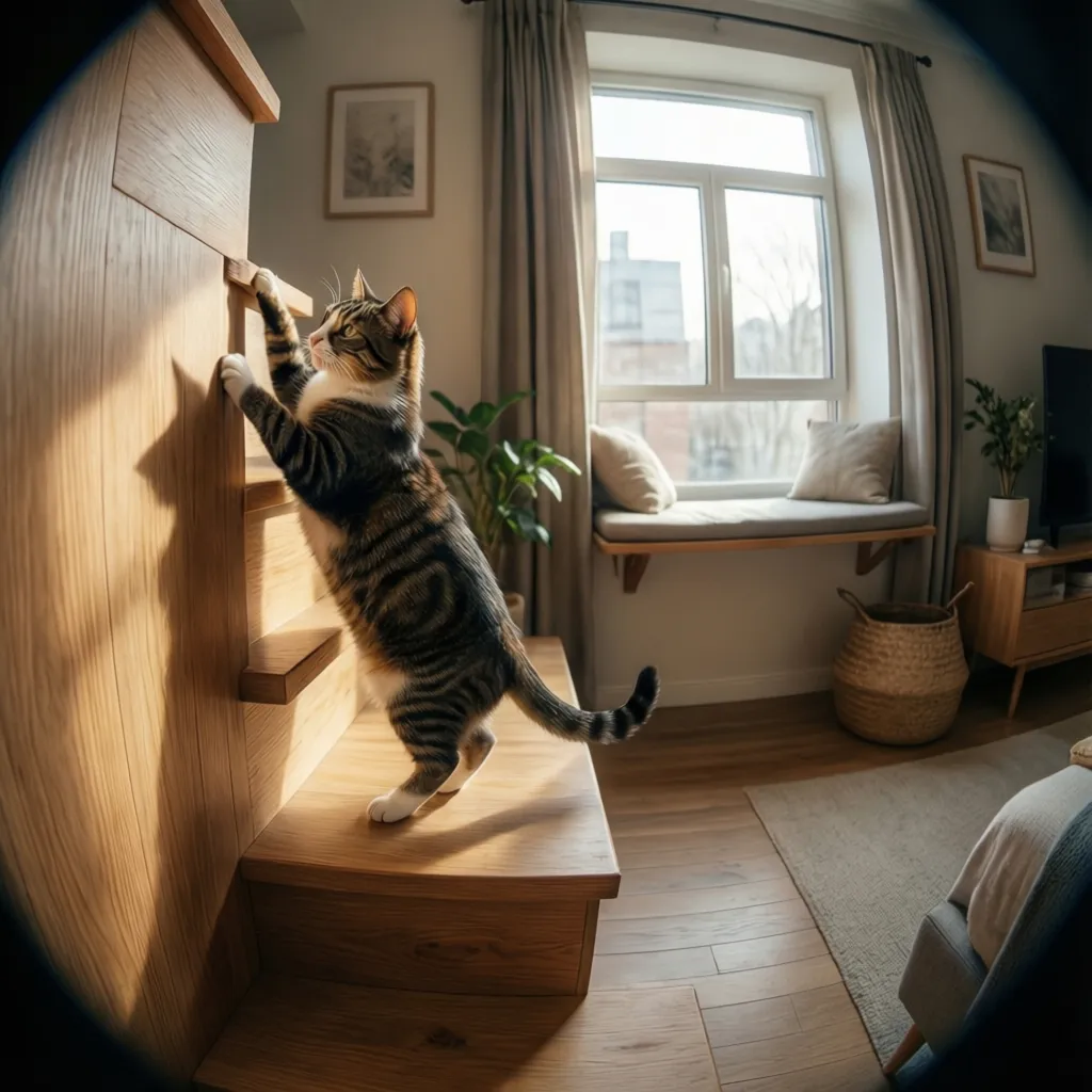 Cat climbing wall steps toward a window perch