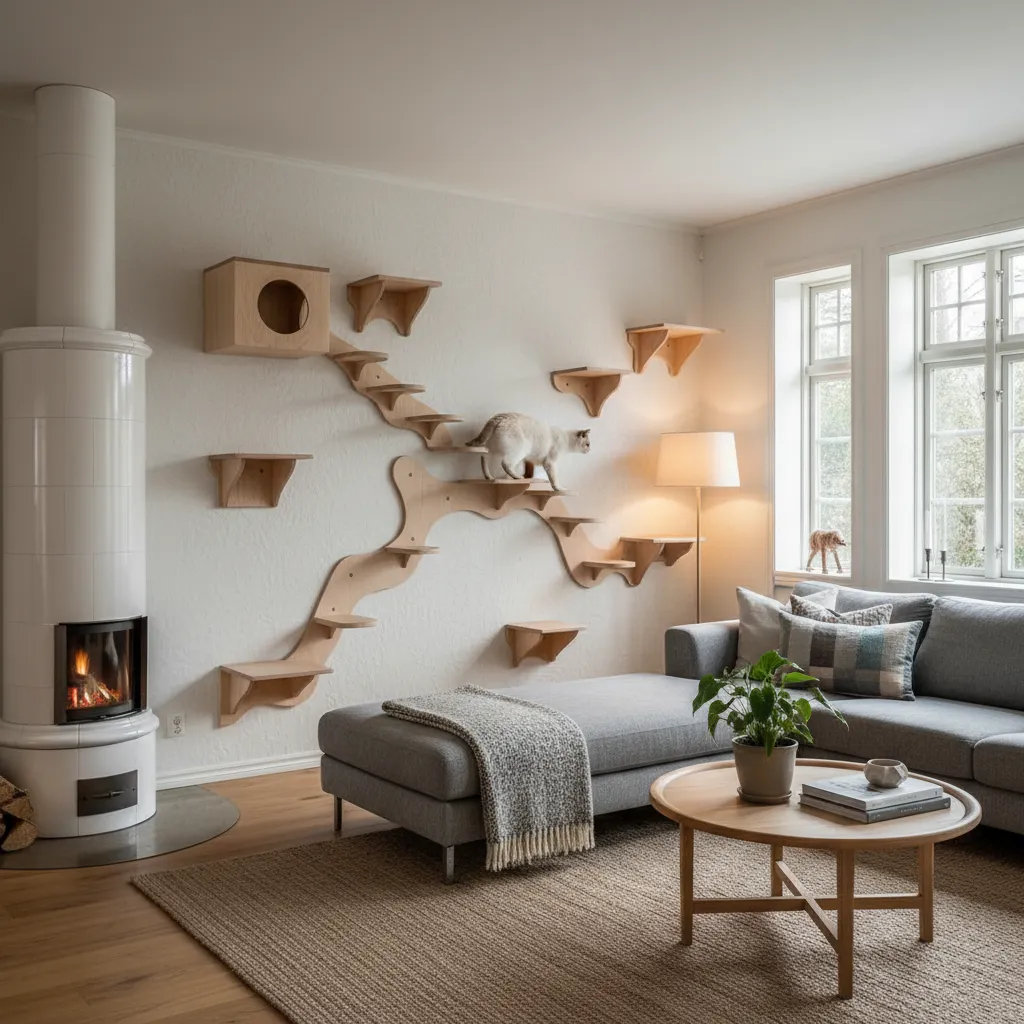 Sistema de plataformas en pared para gatos en un salón moderno