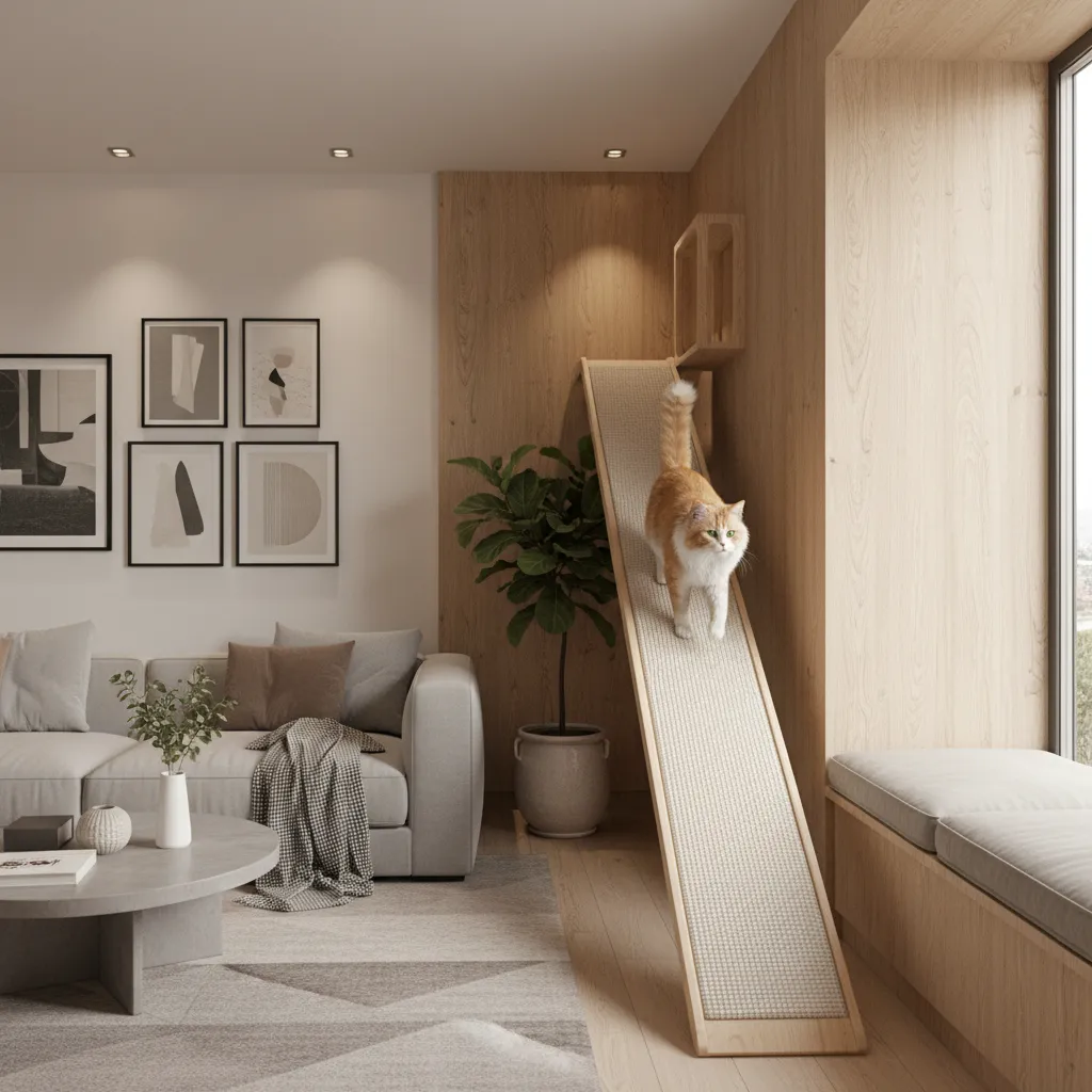 Wooden cat ramp attached to wall helping a cat walk upward