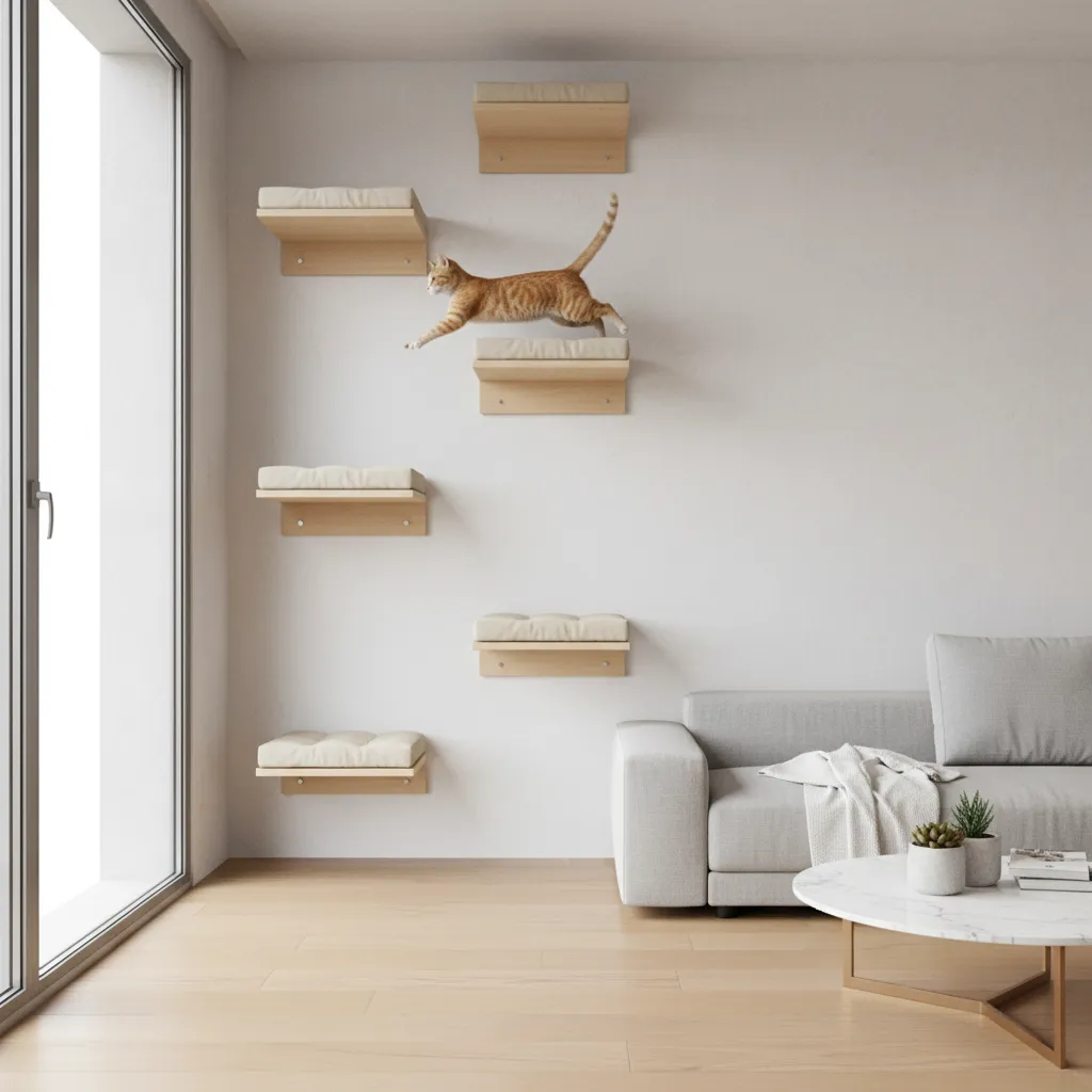 Cat jumping between floating wall shelves arranged vertically