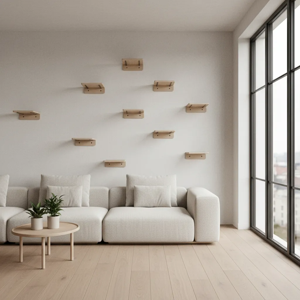 Cat climbing wall shelves installed in a modern living room interior