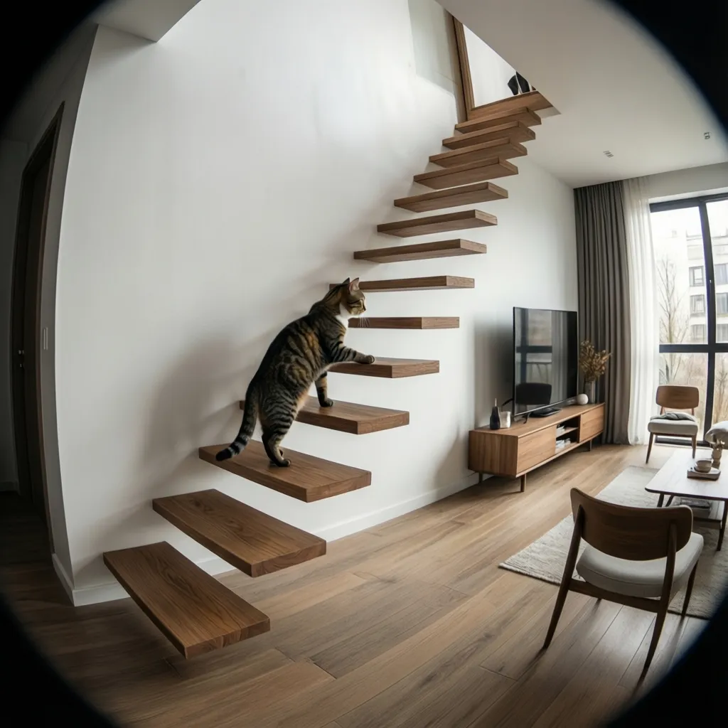 Cat climbing evenly spaced wall steps in a modern apartment