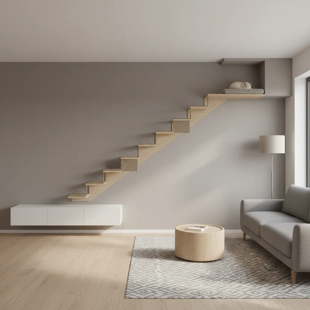 Planned layout of cat wall stairs and shelves across a living room wall