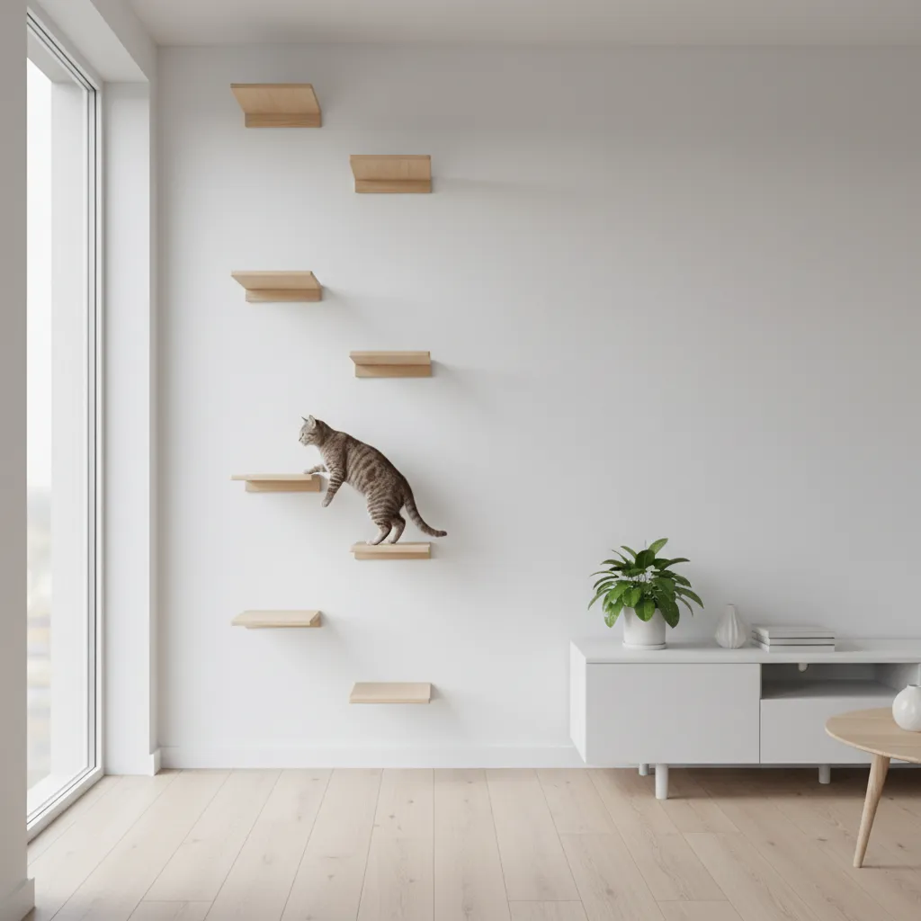 Cat climbing a set of wooden wall stairs installed in a minimalist apartment