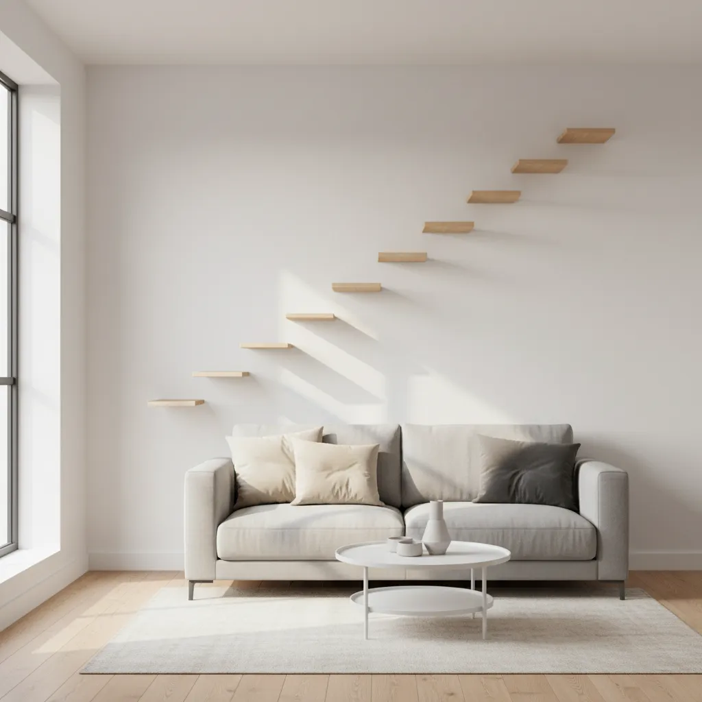 Diagonal cat wall stairs layout above a sofa in a small apartment living room