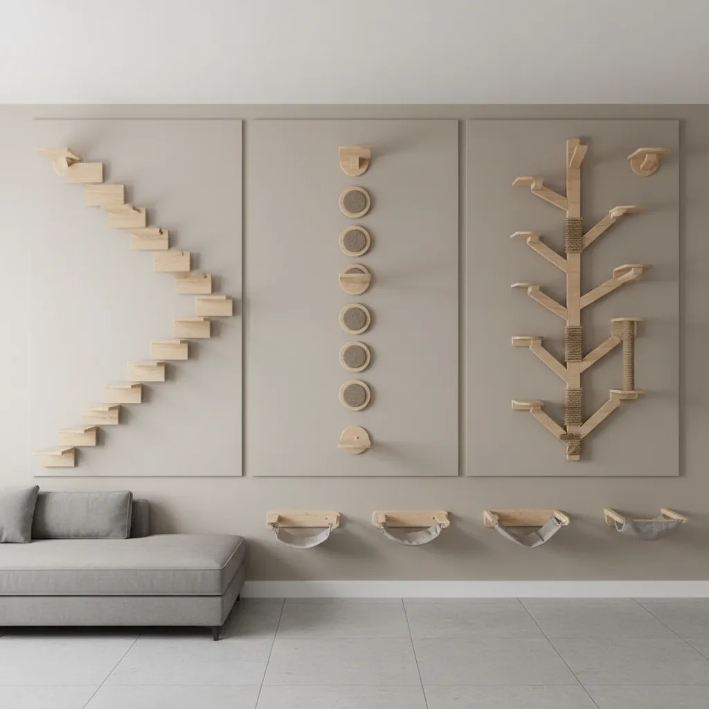 Example layouts of cat wall stairs with different step spacing plans