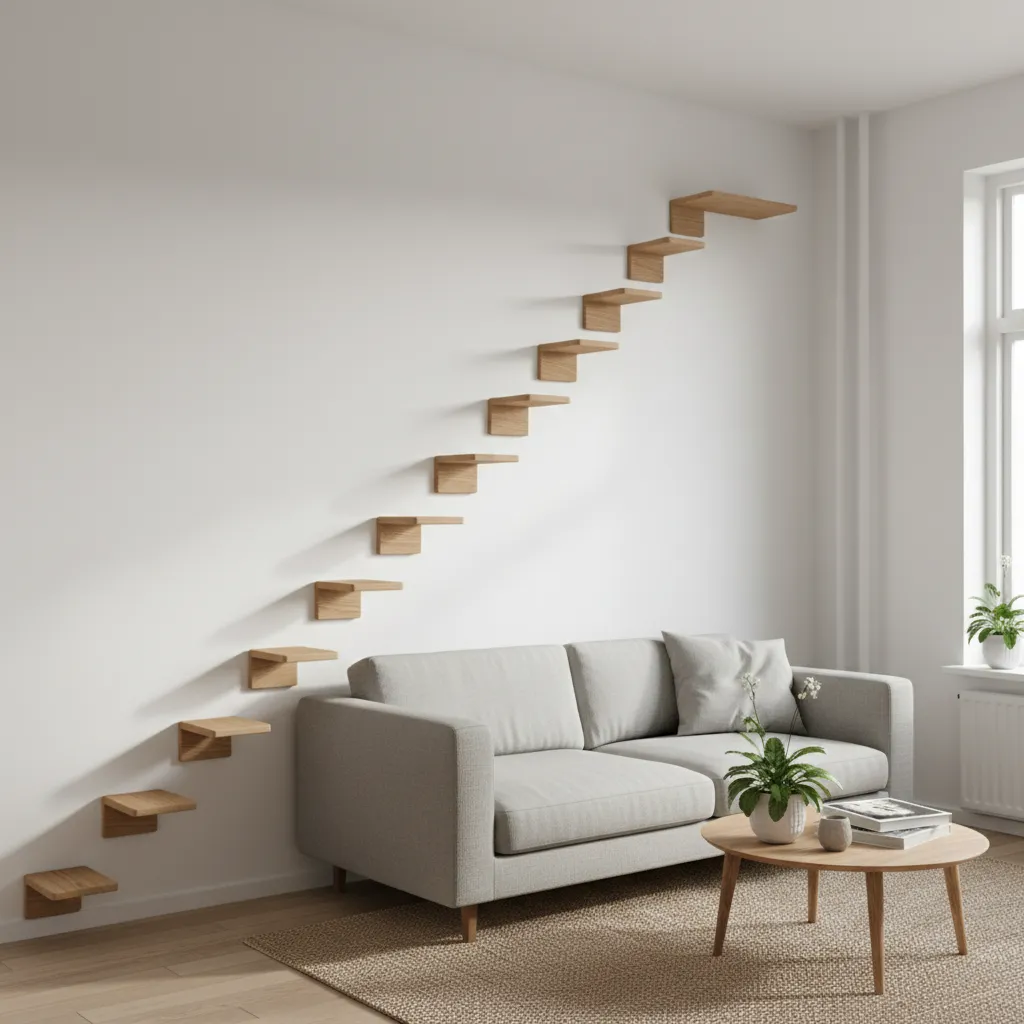 Cat climbing wooden wall steps installed in a modern apartment living room