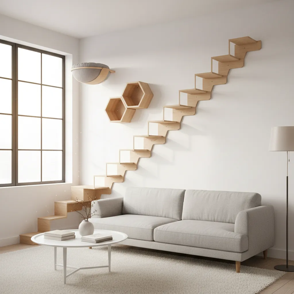 Cat wall stairs combined with shelves and a window perch