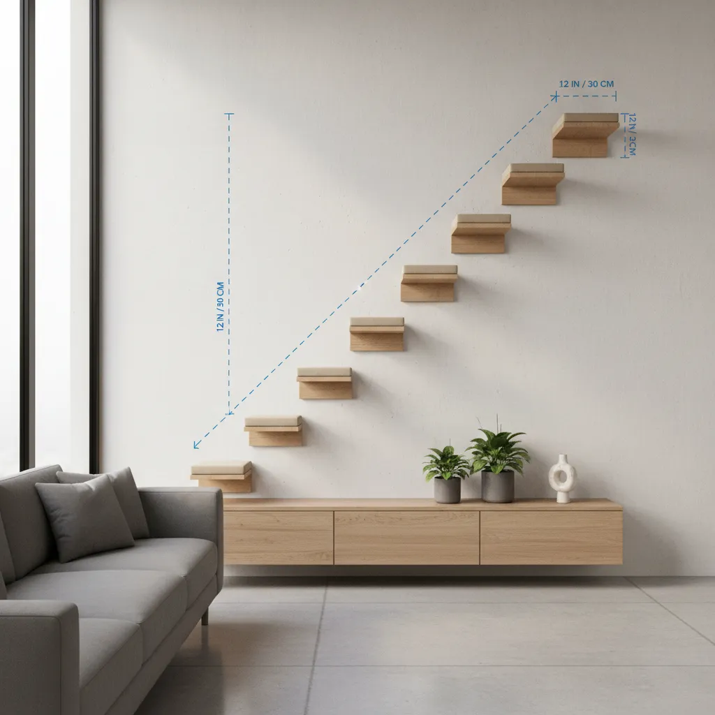 Vertical spacing diagram for cat wall stairs showing ideal measurements
