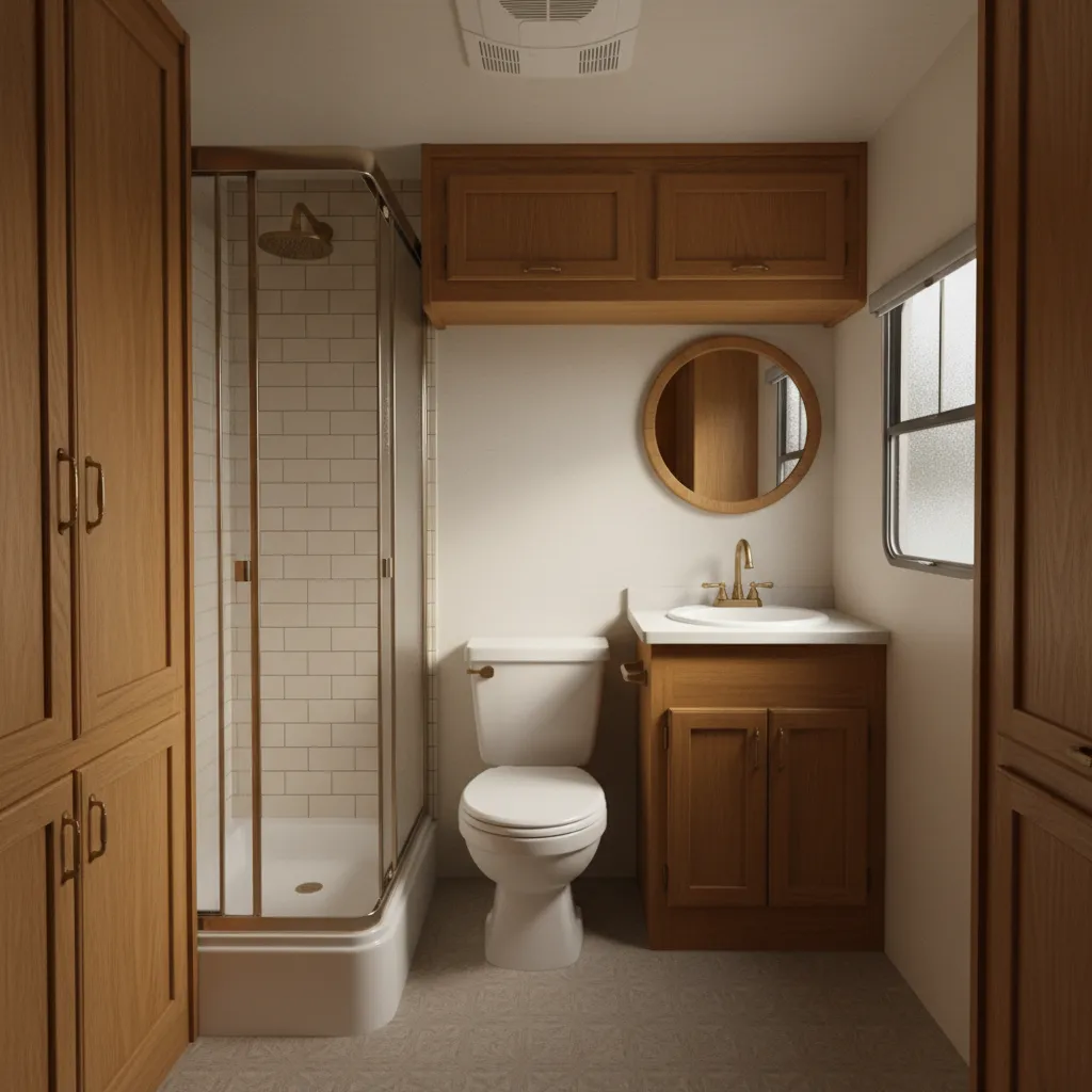 Rear bathroom layout concept inspired by the Coachmen Catalina 210CB floor plan