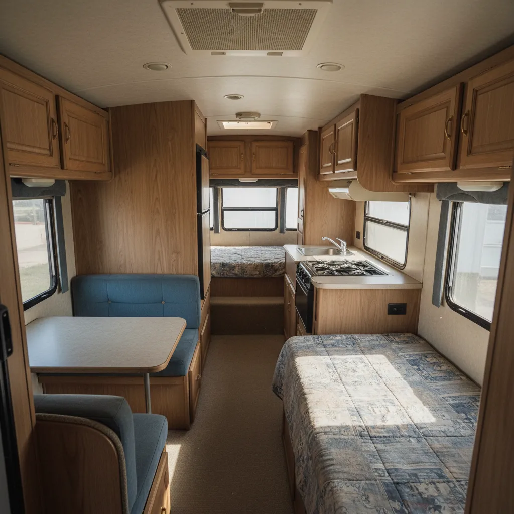 RV interior featuring light wood cabinets, blue dining area, small kitchen stove, and patterned beds.