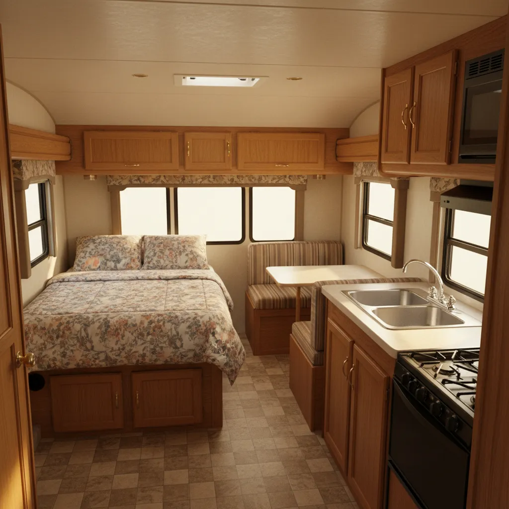 Interior of a small 1990s travel trailer similar to the Catalina 210CB layout