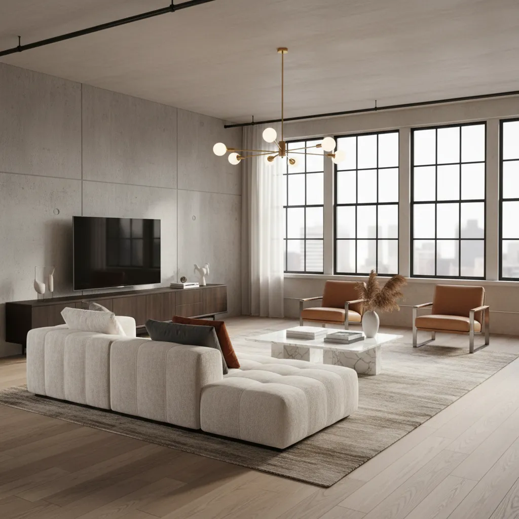 Salón amplio estilo catálogo de marca de decoración