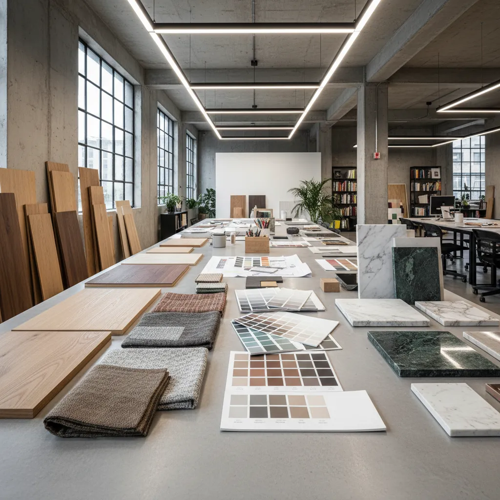 Mesa con muestras de materiales de decoración como madera, textiles y colores