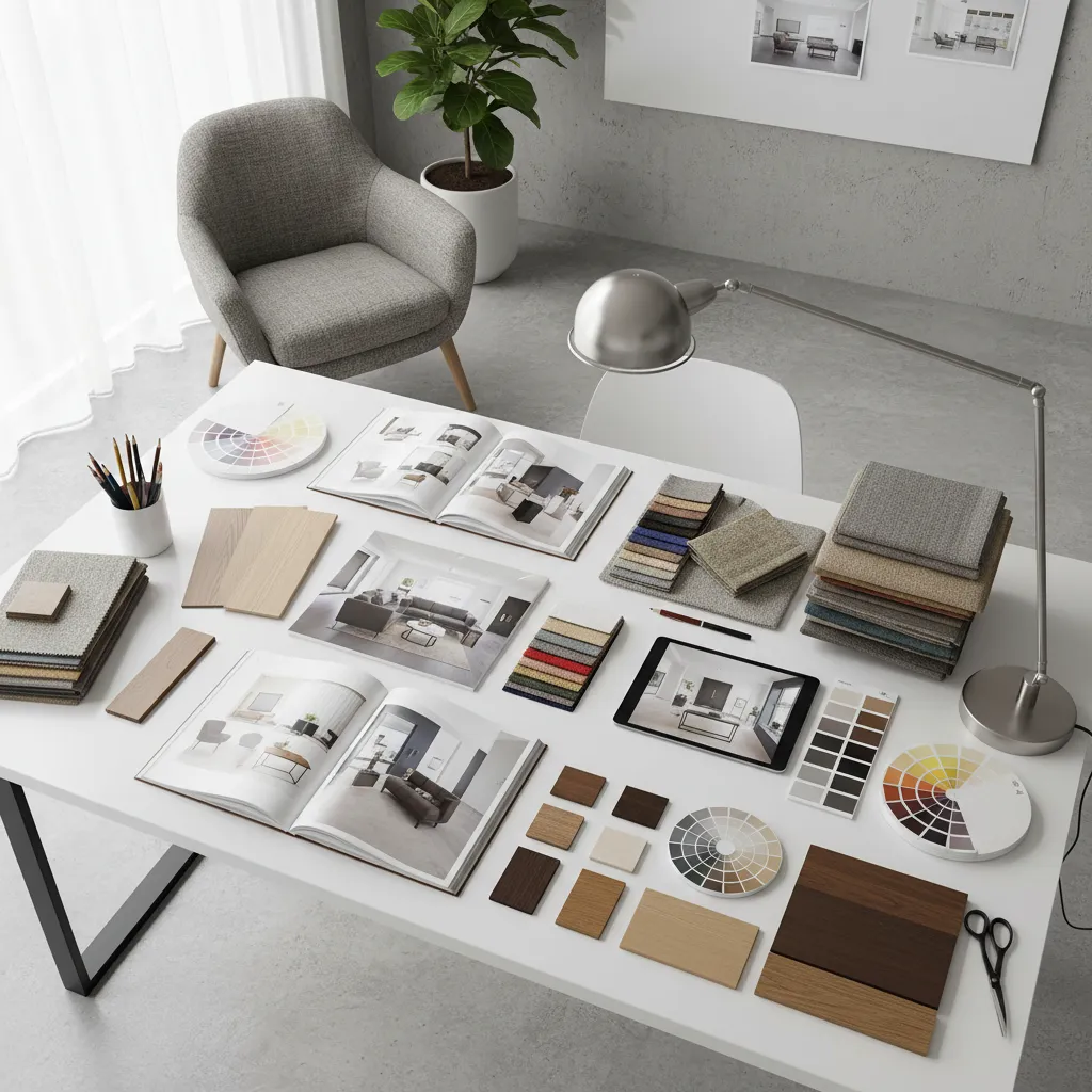 Mesa con catálogos de muebles y muestras de materiales para un proyecto de interiorismo