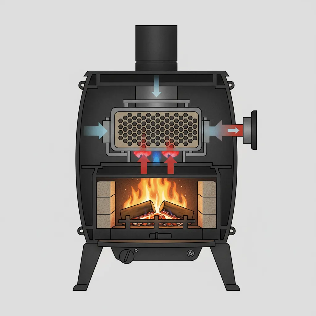 Catalytic wood stove combustor diagram showing smoke reburn process