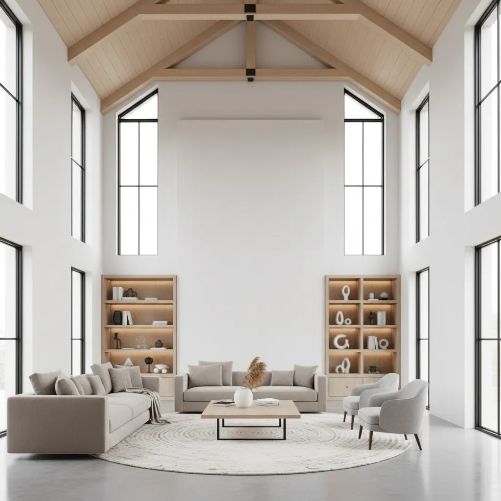 Tall cathedral wall in living room above sofa showing large vertical space for artwork