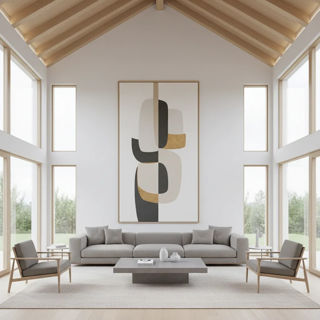 Modern living room showing cathedral wall with large vertical artwork