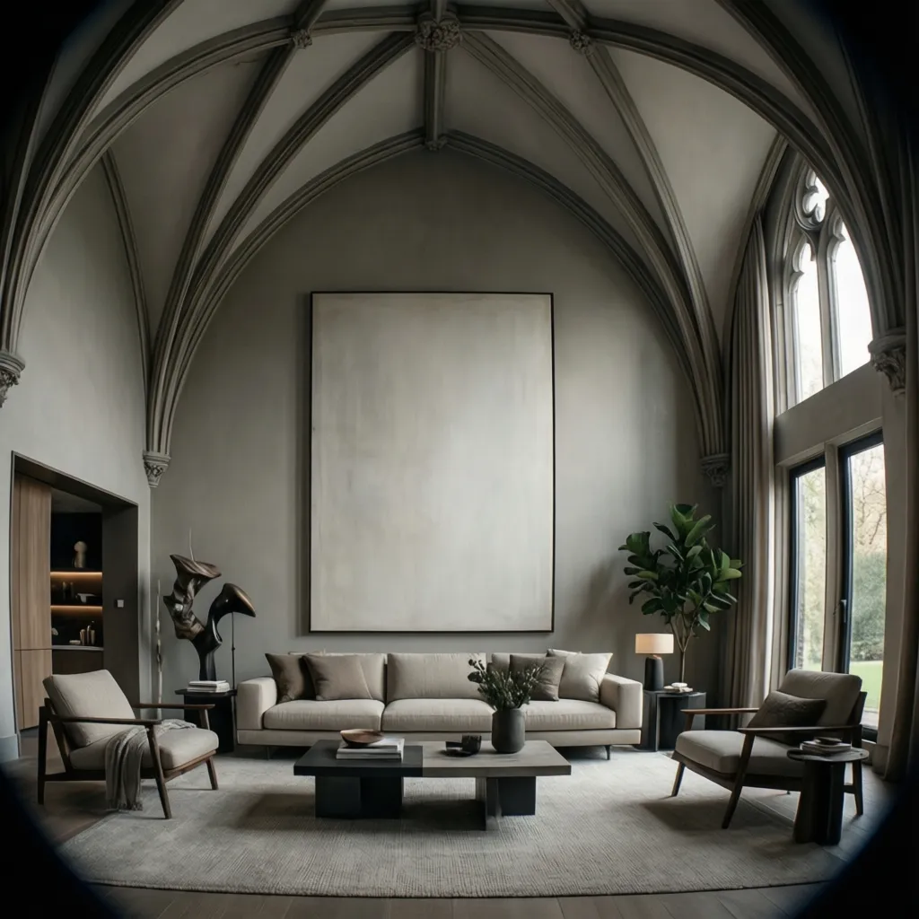 Living room with cathedral ceiling and large wall art above sofa