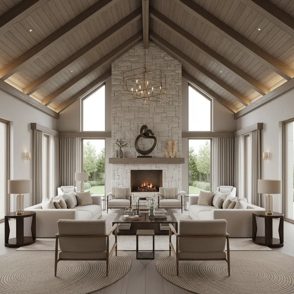 Tall cathedral wall with floor to ceiling fireplace as focal point