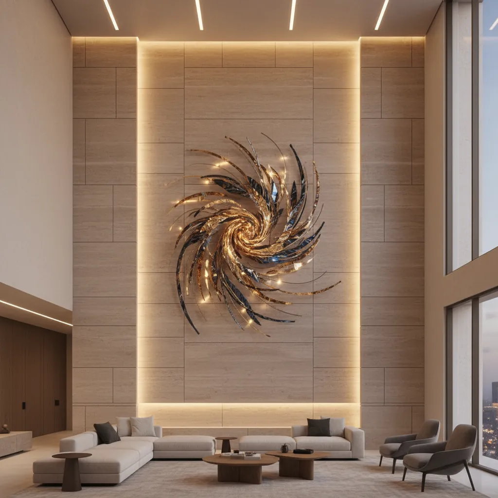 Cathedral wall illuminated with wall washers and oversized artwork