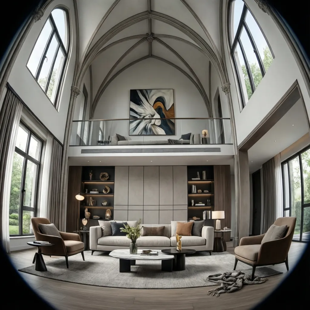 Living room with tall cathedral wall divided visually into lower middle and upper zones
