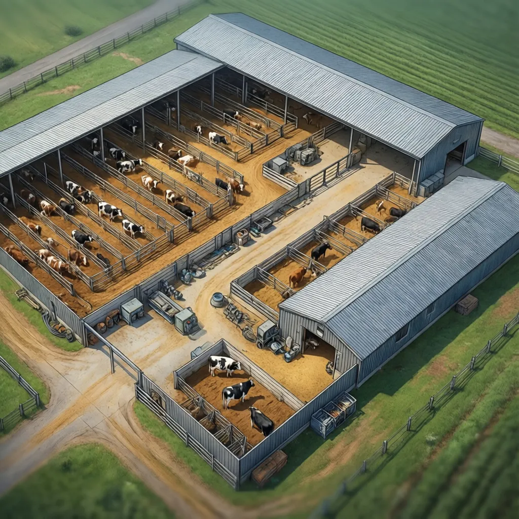 Large cattle barn layout seen from above with many fenced pens and green grass fields