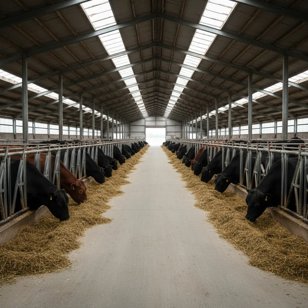 Large indoor cattle barn with cows eating hay from a central concrete feed alley floor