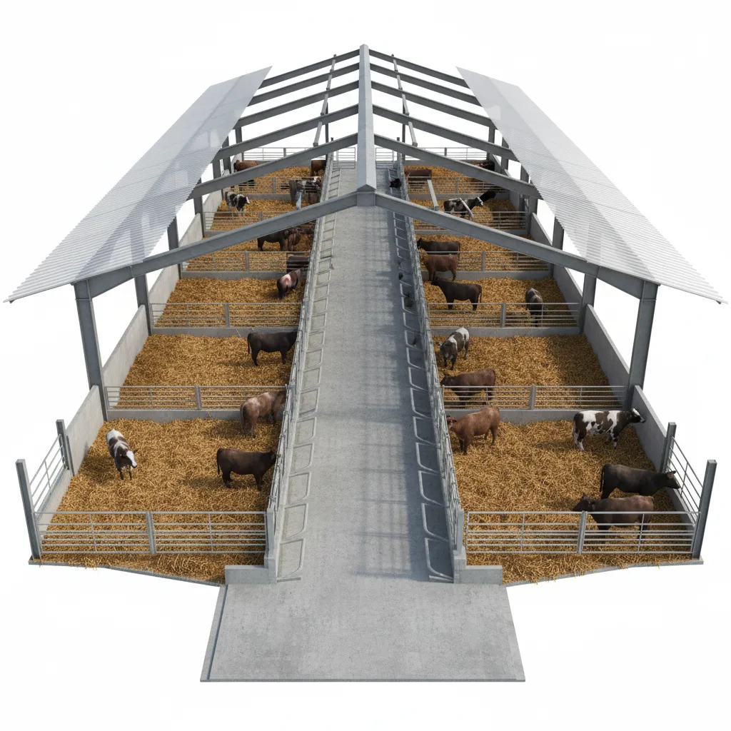 Top perspective diagram style view of cattle barn feed alley and pen layout
