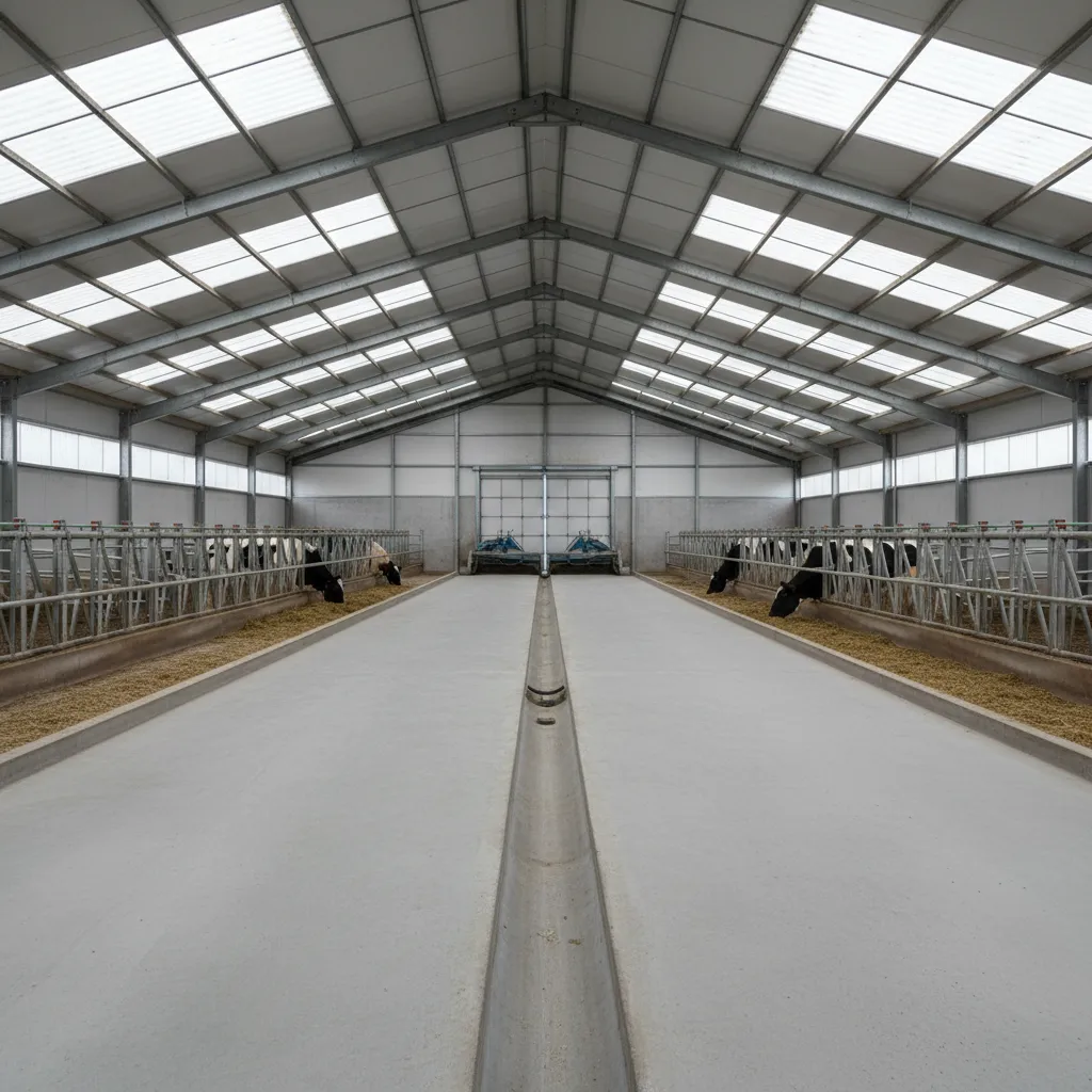 concrete cattle barn floor showing drainage slope toward manure alley