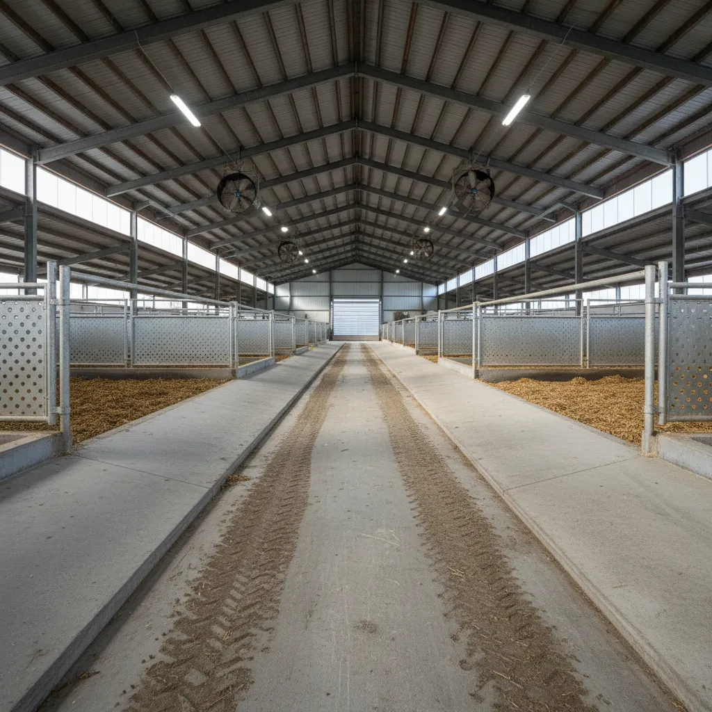 Modern empty cattle barn with metal pens ceiling lights fans and a wide concrete path