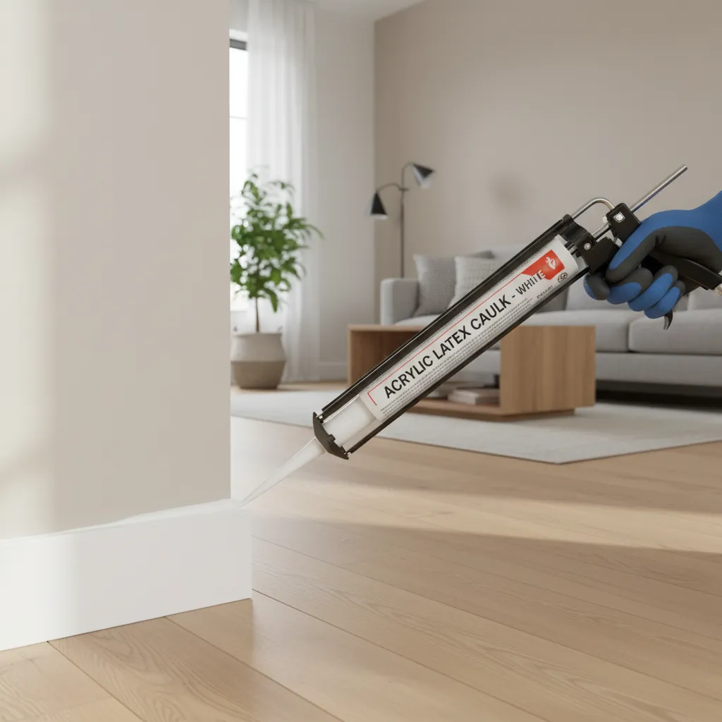 Applying caulk to seal a baseboard gap along a living room wall