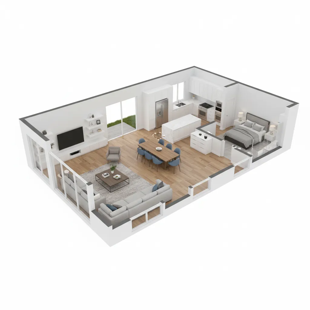 3D rendered house floor plan generated from architectural design software