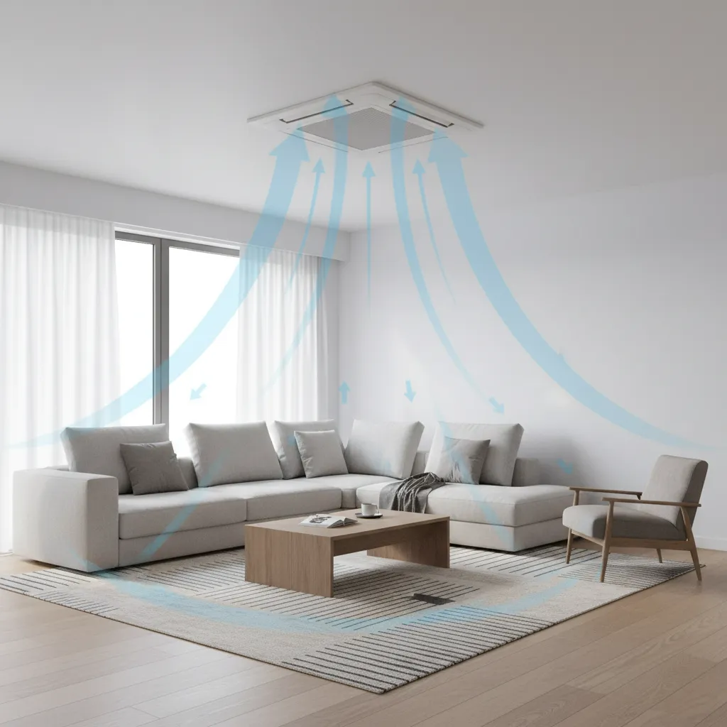 Room layout showing airflow direction from ceiling AC unit