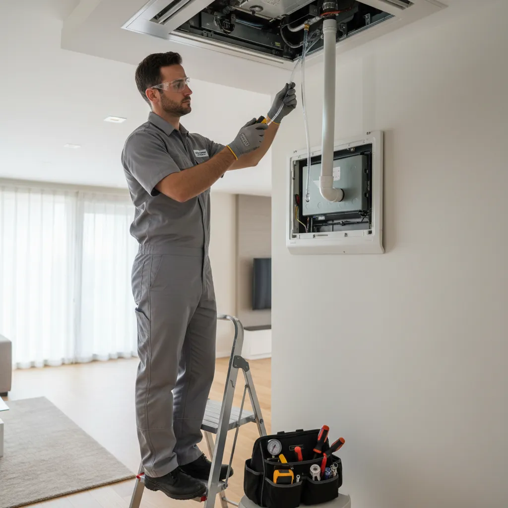 Technician inspecting condensate drain line of ceiling AC