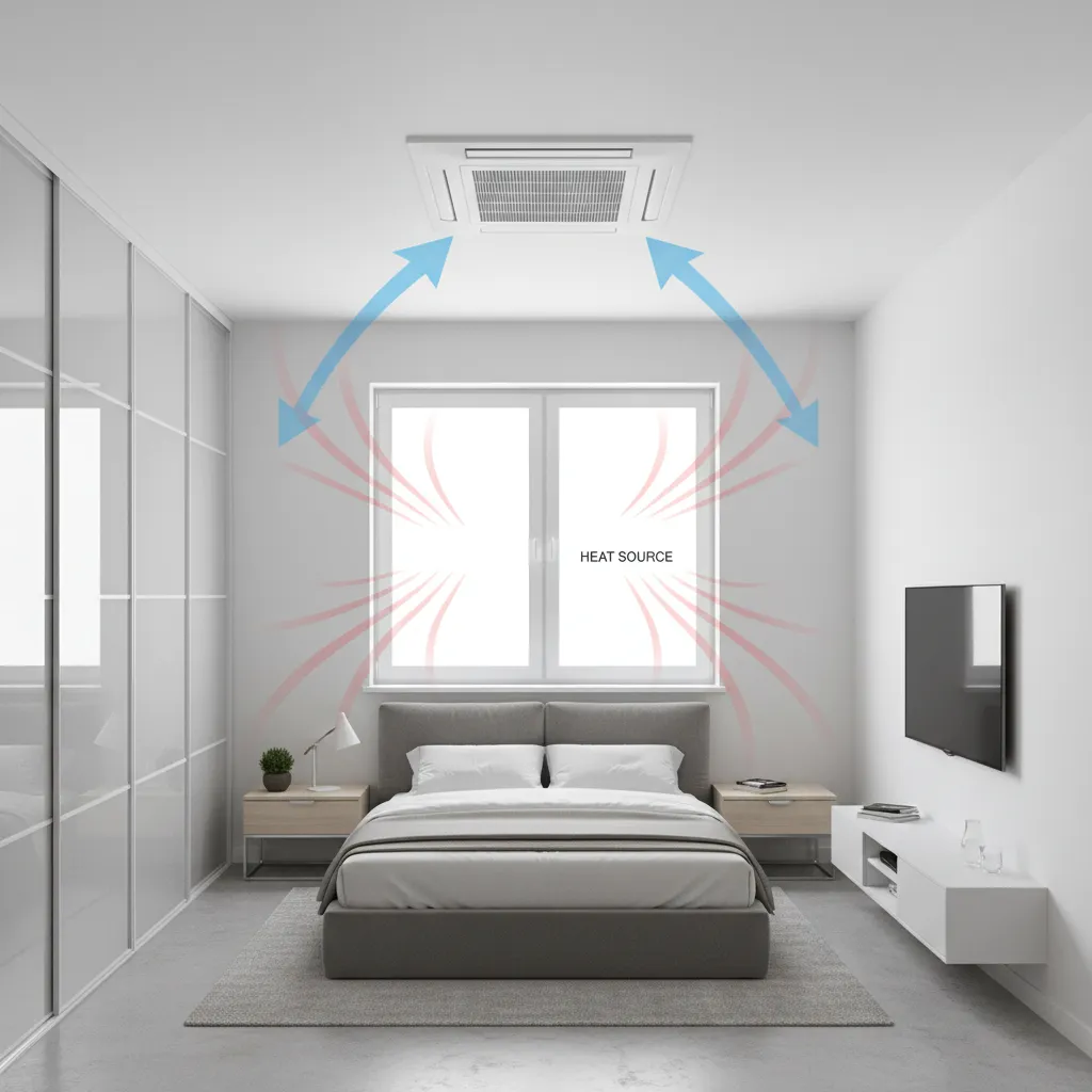 diagram showing ideal placement of compact ceiling ac in small room layout