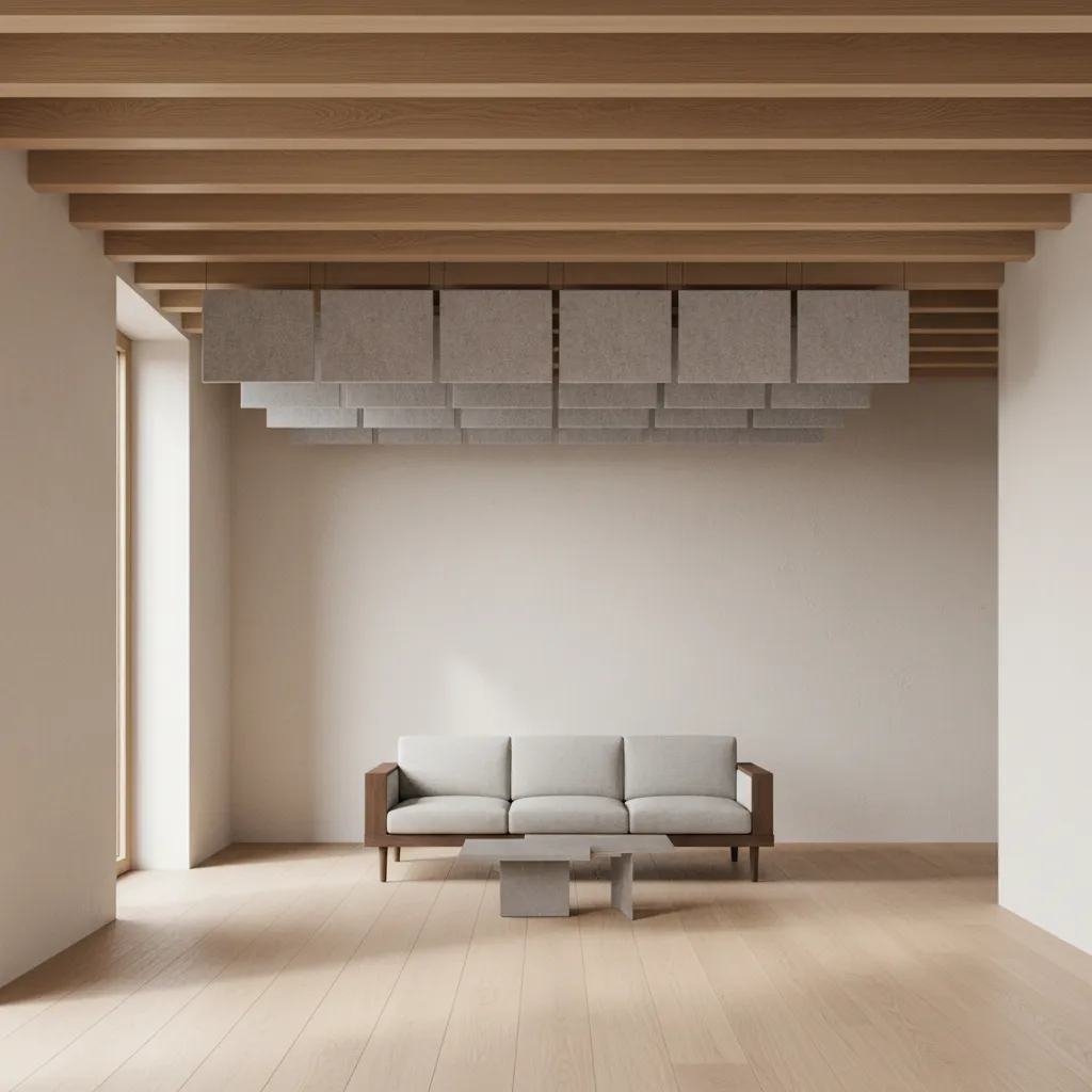 Paneles acústicos suspendidos bajo un techo de madera en un espacio interior moderno