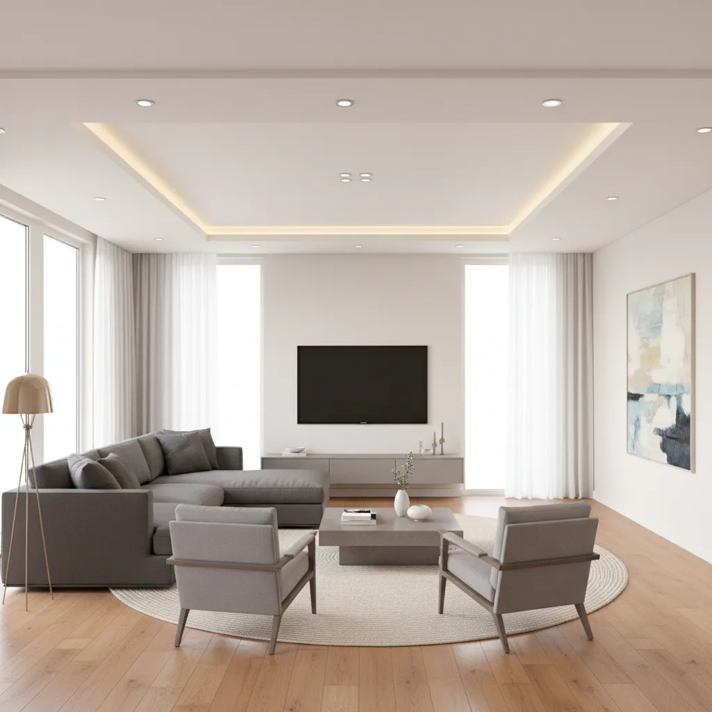 Ceiling tray aligned with sofa layout in modern L-shaped living room