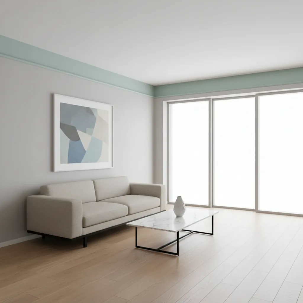 Small living room with ceiling colored border creating higher ceiling effect