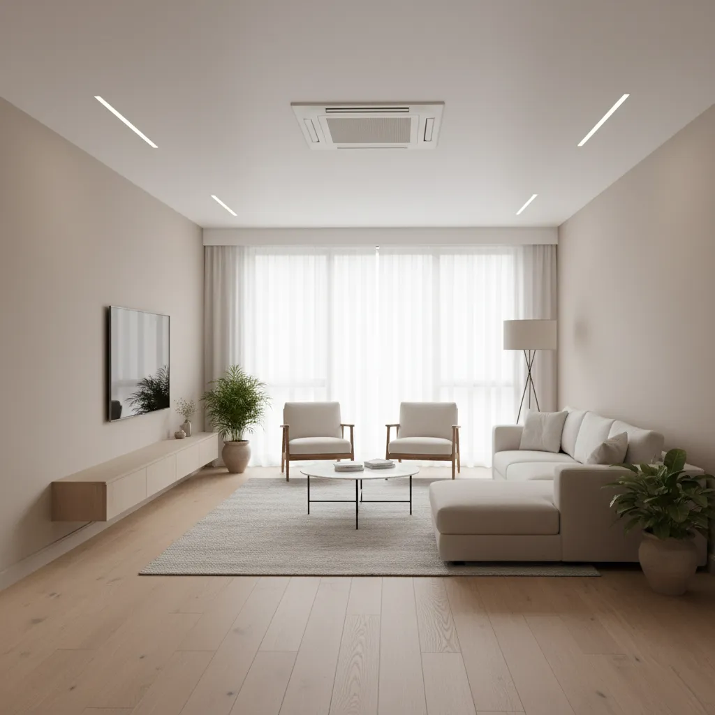Ceiling cassette air conditioner installed in modern living room ceiling