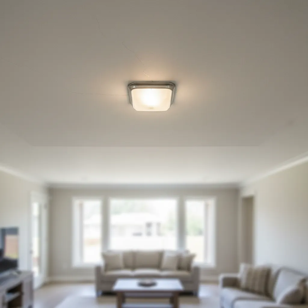 hairline cracks forming in ceiling drywall beneath an upstairs room