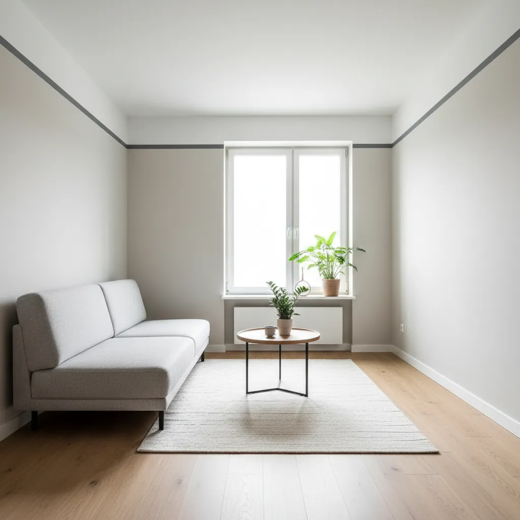 Small living room with painted ceiling border creating visual height
