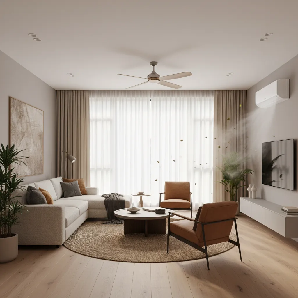 Ceiling fan circulating cool air in large living room with AC