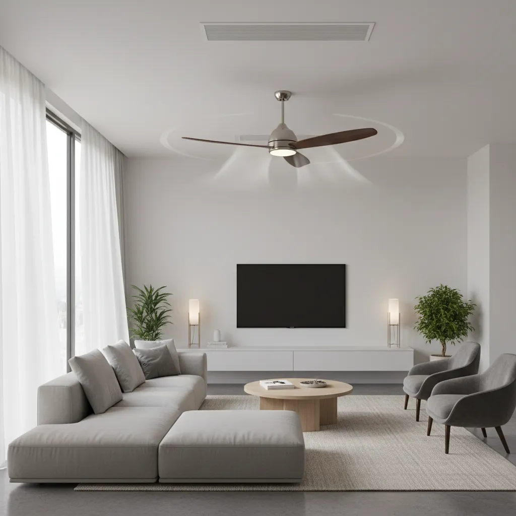 Ceiling fan circulating air in a comfortable cooled living room