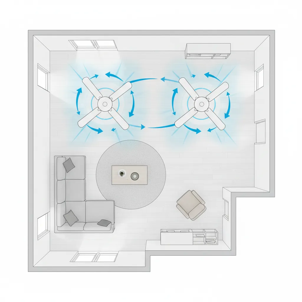 Diagram showing airflow zones and spacing between two ceiling fans