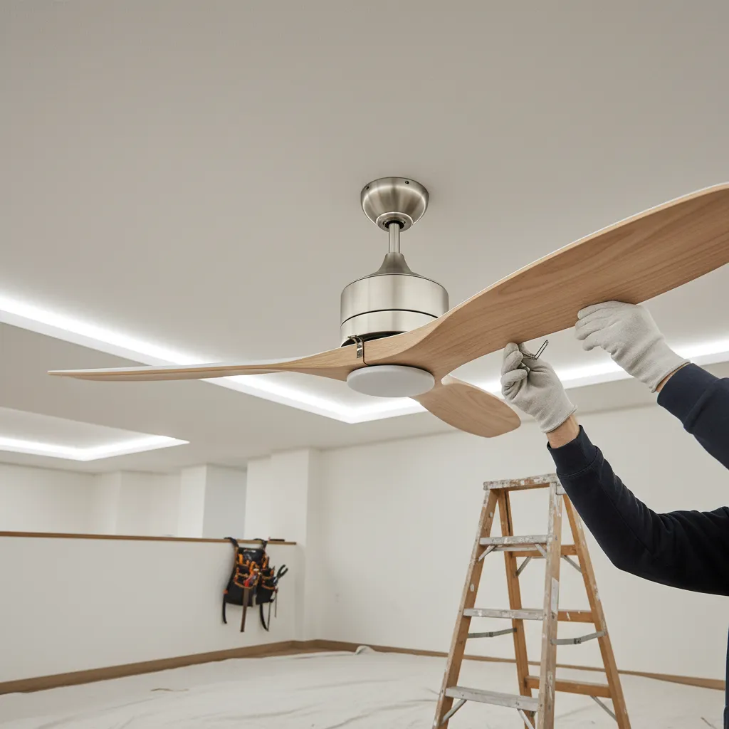 Technician balancing ceiling fan blades to fix wobble