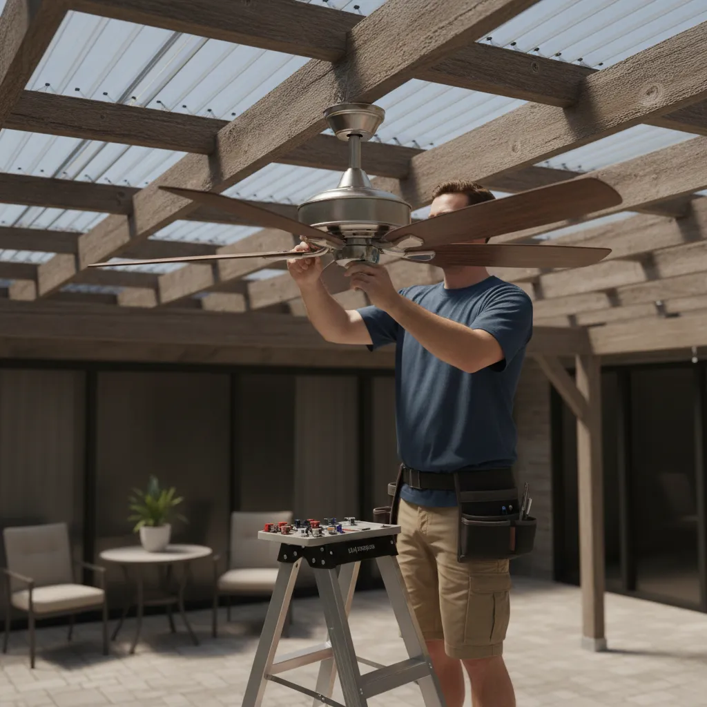 technician balancing outdoor ceiling fan blades during repair