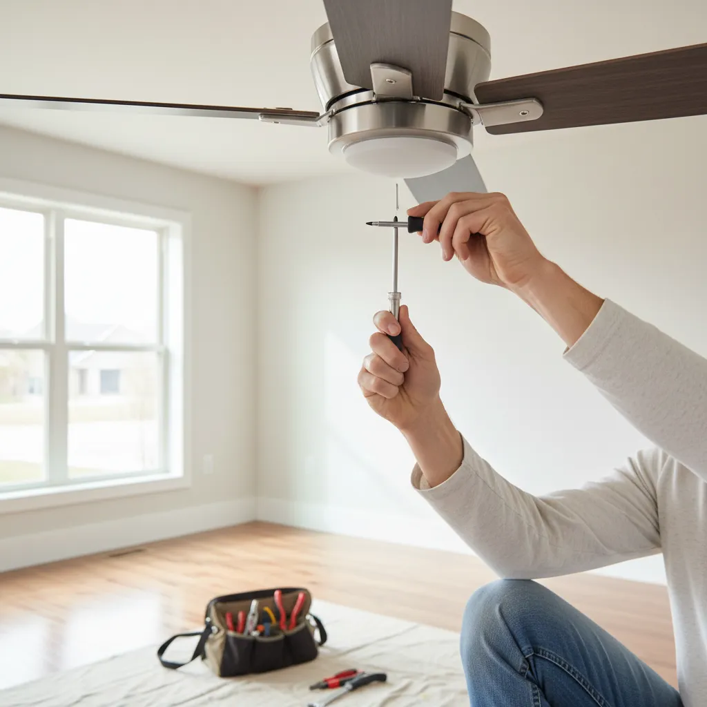 Person tightening ceiling fan blade screws during maintenance