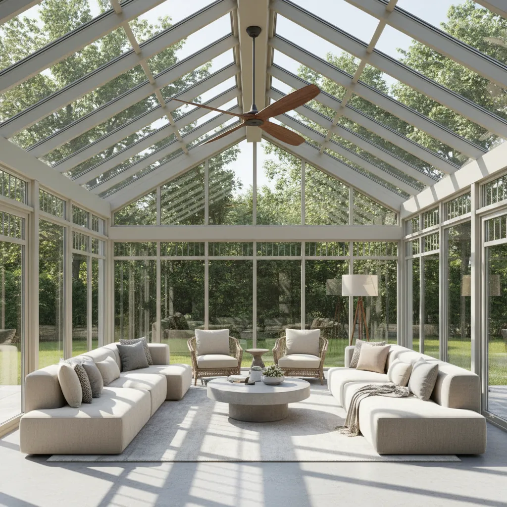 large ceiling fan installed in glass sunroom patio improving airflow