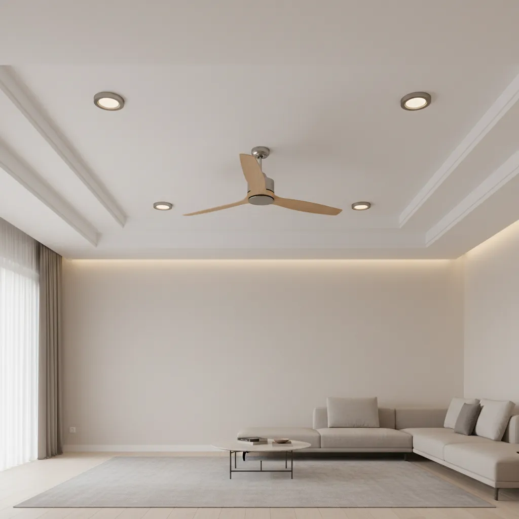 living room ceiling lighting layout with recessed lights positioned around ceiling fan